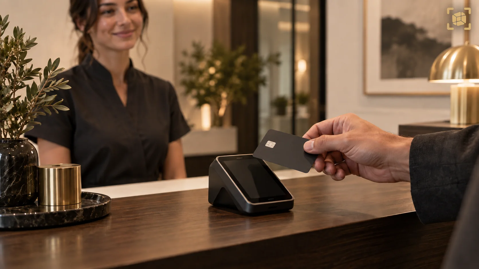 A client paying by card at a clinic front desk.