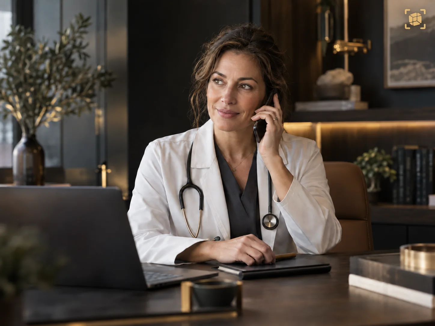 A clinician at her desk, on the phone.